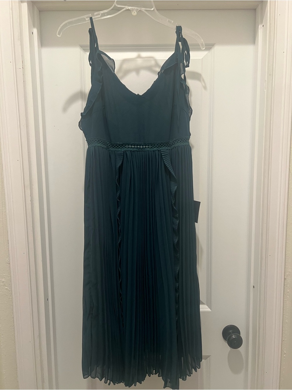 Lulu's Teal Pleated Midi Dress with Tie Straps